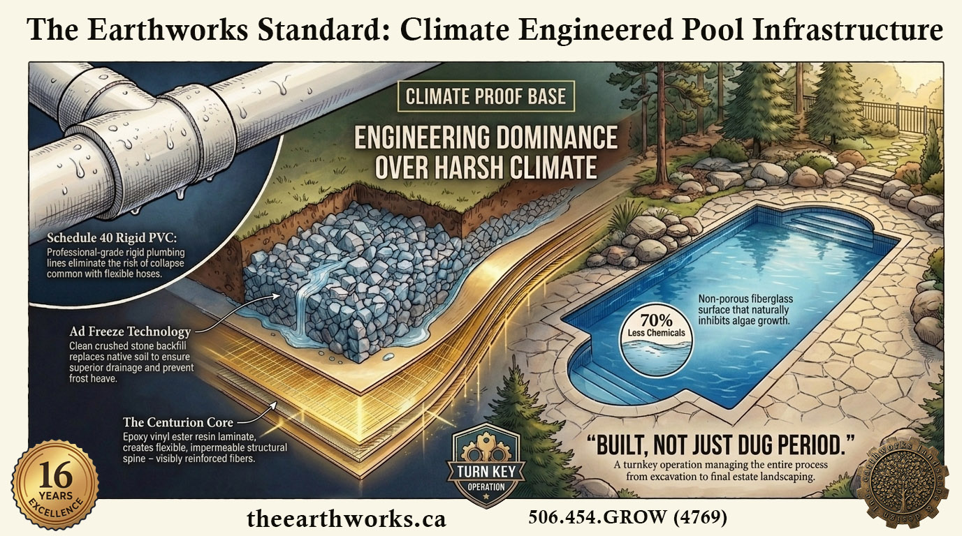 Climate Proof Pool Base engineering cutaway by Earthworks Landscape and Design Fredericton.