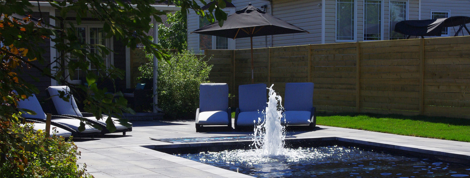 Features a pool, fountain, 
hardscape, plants and more.