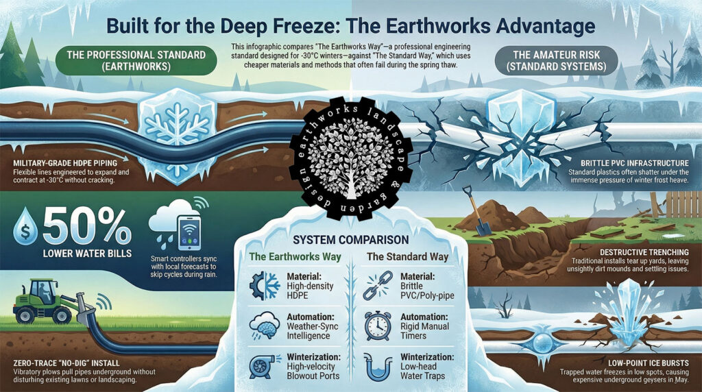 A comparative infographic titled "Built for the Deep Freeze: The Earthworks Advantage," contrasting climate-resilient engineering with standard irrigation systems. On the left, the "Earthworks Advantage" features military-grade flexible HDPE pipes that flex during freezes, Weather-Sync technology to cut water bills by 50% using Environment Canada rain forecasts, zero-trace no-dig installation with vibratory plows, and a "Bone-Dry" winterization guarantee using high-velocity blowout ports. On the right, the "Standard Brittle Systems" column illustrates the failures of typical systems, showing brittle PVC pipes shattering under ground pressure.