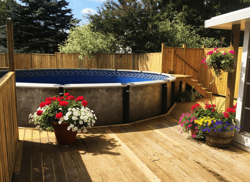 Professional above ground pool installation Fredericton NB integrated into a custom wooden wrap-around deck.