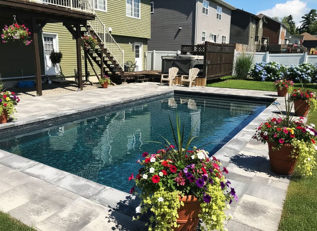 Expert pool installation Fredericton NB by Earthworks featuring a custom stone patio and integrated hot tub area