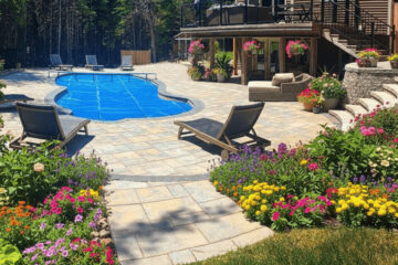 Premium freeform pool installation Fredericton NB featuring custom curved stone steps and integrated garden beds.