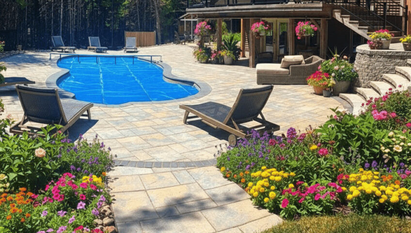 Premium freeform pool installation Fredericton NB featuring custom curved stone steps and integrated garden beds.