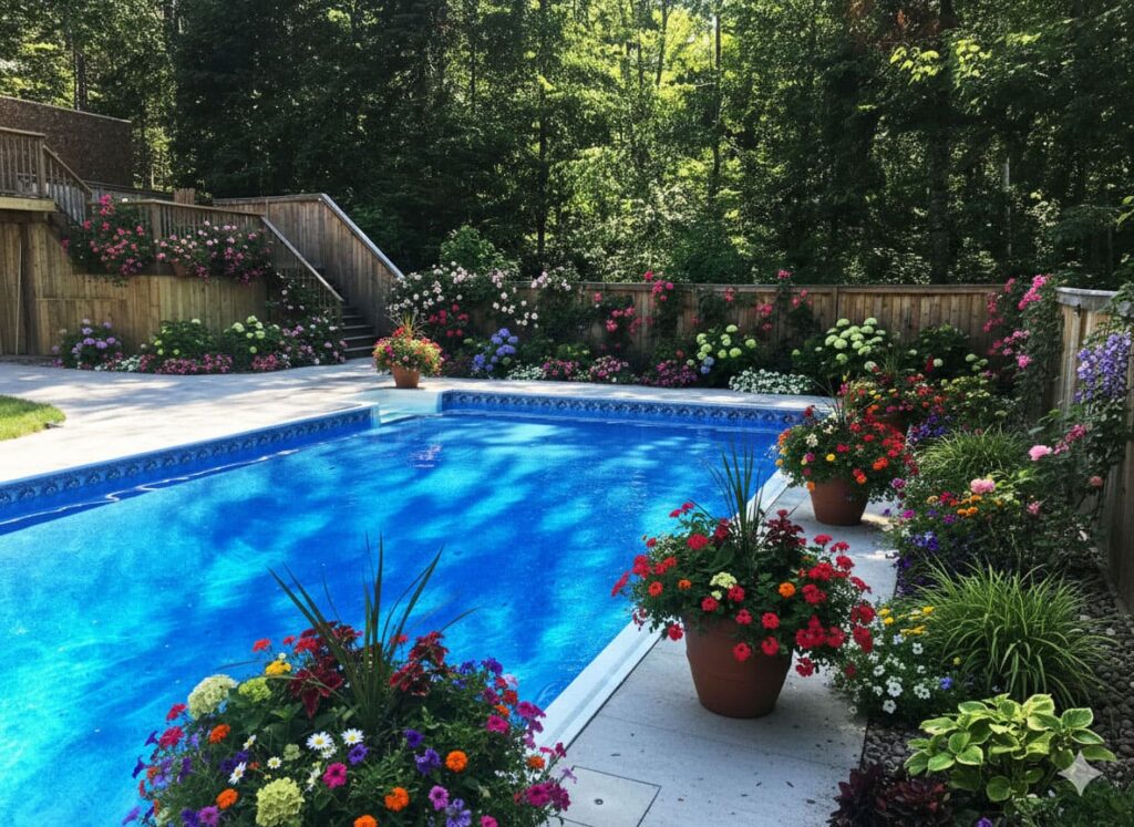Residential pool installation Fredericton NB integrated into a mature garden with custom safety fencing and landscaping.