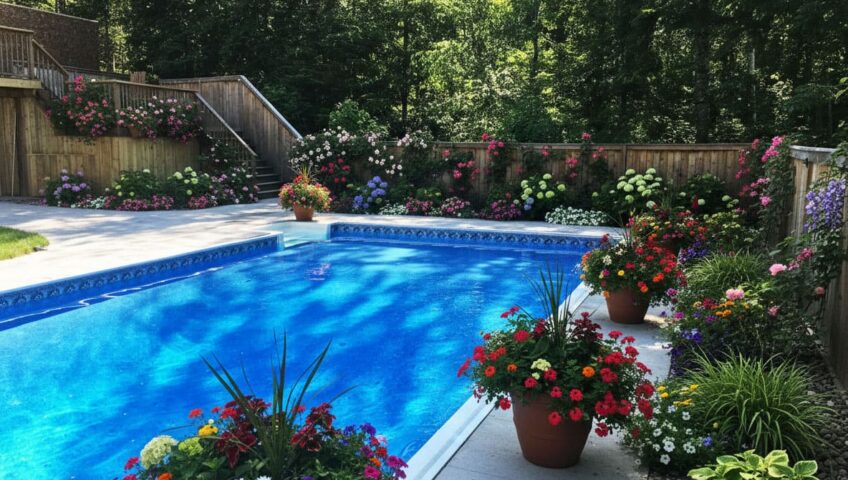 Residential pool installation Fredericton NB integrated into a mature garden with custom safety fencing and landscaping.